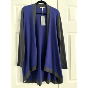 Eileen Fisher Open Front Long Cardigan Sweater M Deep Purple w/ Gray sleeve/trim